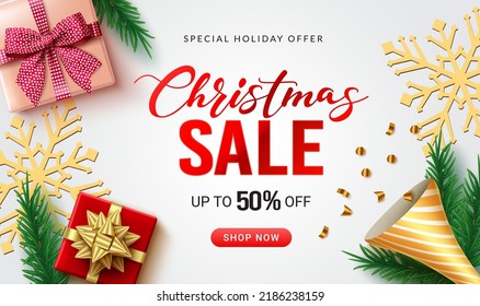 Christmas sale vector design. Christmas sale text with special offer up to 50% off discount with xmas elements for holiday season promo ads. Vector illustration.
