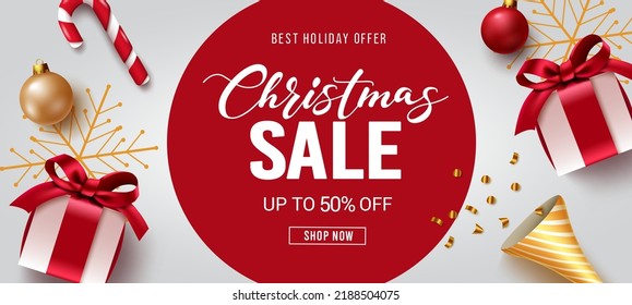 Christmas sale vector design. Christmas sale text best holiday offer up to 50% off promo discount and xmas element like gifts and candy cane for xmas season promotion. Vector illustration.
