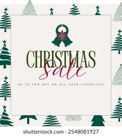 Christmas sale vector design. Christmas sale text best holiday offer up to 50% off promo discount. Vector illustration.