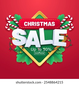 Christmas Sale. Vector Illustration. Christmas Sale Banner with discount up to 50% off. Shop Now. Special Offer.