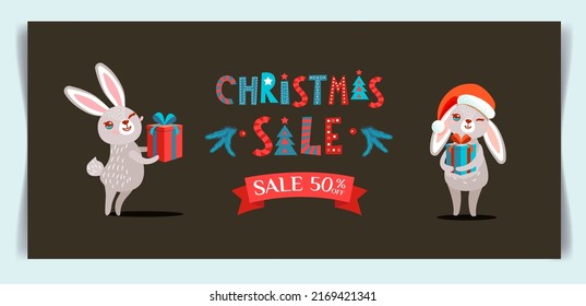 Christmas sale vector illustration. Cartoon bunny rabbit wearing red Santa hat, celebrating Christmas, winter holidays season with discount offer in shop, coupon promotion template seasonal background