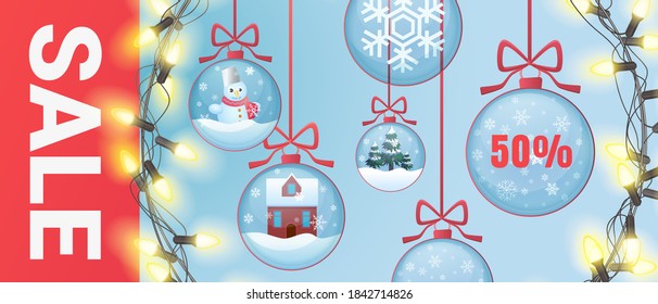Christmas sale vector illustration with festive balls decoration for Christmas tree and Xmas shiny garland, discount coupon for big winter holiday sales in store or shop, banner promo background