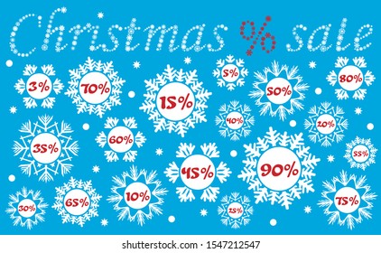 Christmas sale vector illustration. Percent discounts for Christmas and New Year shopping. Made with the snowflakes.