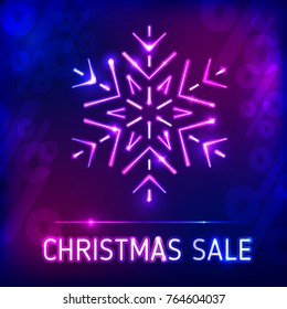 Christmas sale vector illustration with snowflake. Neon effect.
