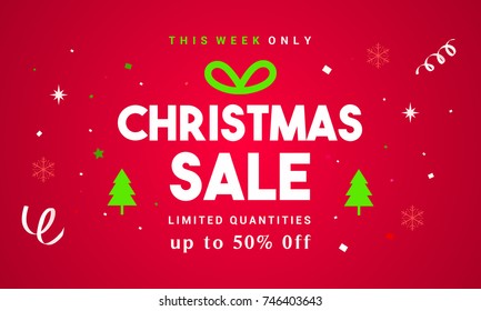 Christmas Sale Vector illustration, Typography combined in a shape of gift box with confetti on red background 