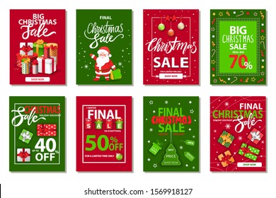 Christmas sale vector, isolated set of cards for winter holidays clearance. Discounts of shops celebration of seasonal offers. Banners with decoration and symbols of xmas and new year flat style