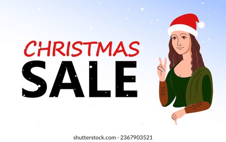 Christmas sale. Vector Mona Lisa. Mona Lisa in the modern world. A masterpiece of world painting. Mona Lisa shows a peace sign. Discounts after Christmas