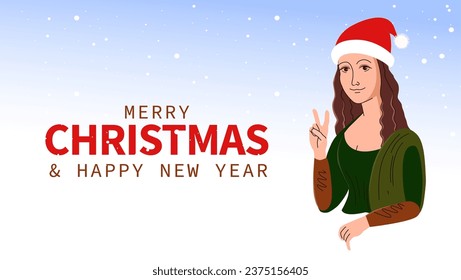 Christmas sale. Vector Mona Lisa. Mona Lisa in the modern world. A masterpiece of world painting. Mona Lisa shows a peace sign. Discounts after Christmas