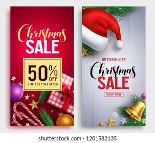 Christmas sale vector poster design set with sale promotional text and colorful christmas elements in red and white background. Vector illustration.
