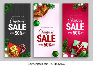 Christmas sale vector poster set. Christmas sale holiday offer text with up to 50% promo discount for xmas seasonal shopping advertisement banner collection. Vector illustration.
