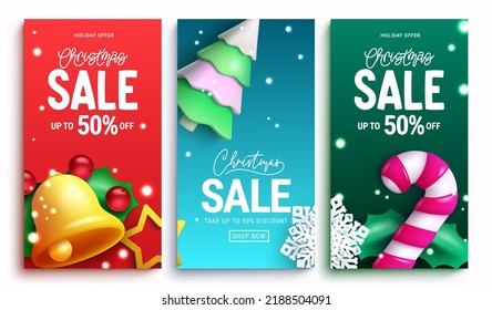 Weihnachtsverkauf Vektor Poster Set. Weihnachtsverkaufsurlaub bietet Text mit saisonalen Shopping-Elementen für xmas Preisrabatt-Promotion. Vektorgrafik.
