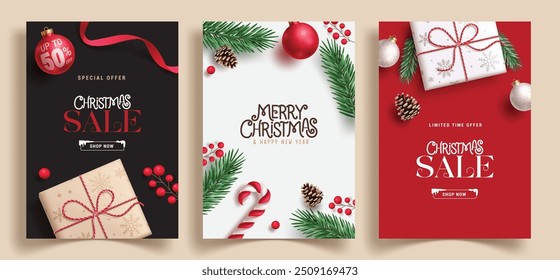 Christmas sale vector poster set design. Merry christmas greeting sale text with xmas elements for shopping flyers holiday season collection. Vector illustration seasonal promotion card. 
