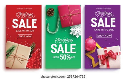 Christmas sale vector poster set. Christmas sale text in limited time offer discount with colorful xmas seasonal element for holiday shopping promo. Vector illustration.
