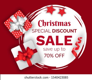 Christmas sale vector, promotional banner with presents and stars decor. Winter holidays discounts and sellout in stores and shops. Giftbox with ribbons and bows. Proposals at market for clients