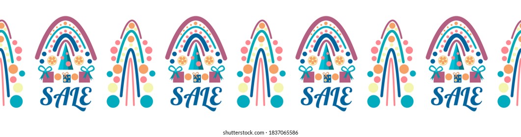 Christmas sale vector, promotional banner with abstract geometric decor, gifts, Christmas tree. Seamless pattern. Horizontal border. Fashion trend of the rainbow. Discounts for winter holidays.