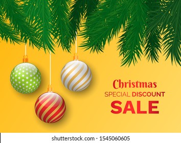 Christmas sale vector, promotional poster with proposition for clients of shops. Shopping for winter holidays promo banner with spruce branches pine tree. Baubles decor for fir and text sample