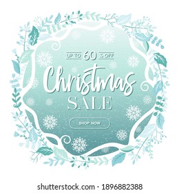 Christmas sale vector round banner with leaves frame and snowflakes isolated on white background. Design for advertising, promotion, flyer, invitation, card, website, poster