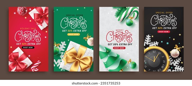 Christmas sale  vector set poster design. Christmas holiday sale with  special offer text for shopping discount card collection. Vector illustration xmas season promotion.
