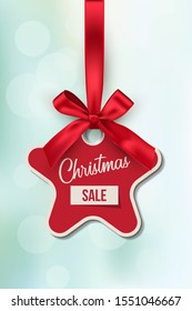 Christmas sale vector tag template. Xmas discount advertising campaign. New year tree toy with ribbon realistic illustration. Special offer concept. Shopping low prices label design element