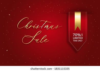 Christmas sale vector template background. Satin red ribbon price tag.