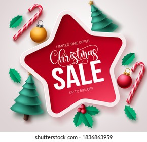 Christmas sale vector template banner. Christmas sale text in star frame design with xmas elements like pine tree, candy cane and balls for holiday season and promotional purposes. Vector illustration