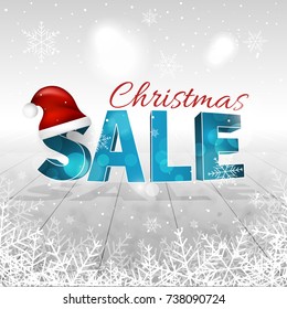 Christmas sale vector winter background with snowfall, snowflakes, Santa Claus hat and glitter. 