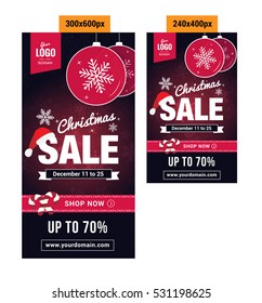 Christmas sale vertical advertising banners. Christmas balls, snowflakes and Santa`s hat.