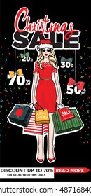 Christmas sale vertical banner design. Beautiful attractive blonde haired Santa girl in sunglasses and christmas hat with shopping bags and confetti. Up to 30% 20% 50% 70% off
