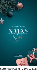 Christmas Sale vertical banner. Flat lay composition. Rose gold and green realistic baubles, gift boxes and fir tree branches. Design poster shopping store, stories template.