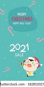 Christmas sale vertical design template.Christmas advertising.Xmas cute ox and holiday candies on the background.New year design of poster, card, headers website with lettering.Vector illustration