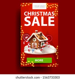 Christmas sale, vertical red discount banner with garland, button and Christmas gingerbread house