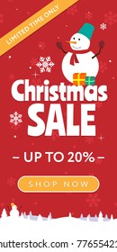 Christmas Sale vertical web media banner. Snowman, snowflakes, limited time only