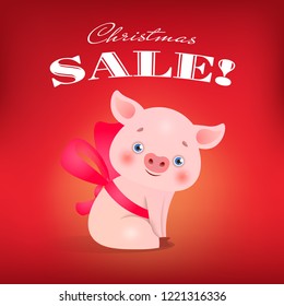 Christmas Sale vintage calligraphy red banned design with small piglet. Inscription in retro style with piglet in neckband on red background. Can be used for shopping, sales