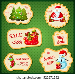 Christmas sale vintage paper stickers designed with  snowman santa claus christmas stockings symbols on green background flat vector illustration