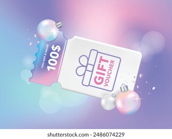 Christmas Sale Voucher coupon for business promotion sales and Discount online purchases. Tag label, sale banner 3d rendering with gradient pastel fancy ball.