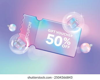 Christmas Sale Voucher coupon for business promotion sales and Discount online purchases. Tag label, sale banner 3d rendering with gradient pastel fancy ball.