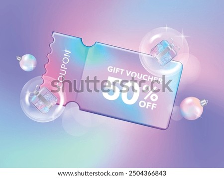 Christmas Sale Voucher coupon for business promotion sales and Discount online purchases. Tag label, sale banner 3d rendering with gradient pastel fancy ball.