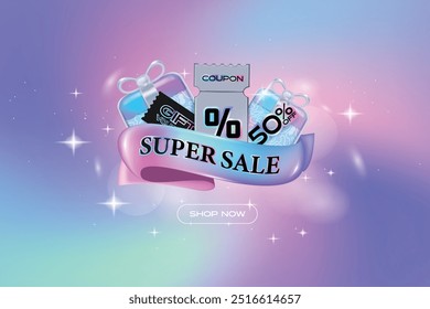 Christmas Sale Voucher coupon and gift for business promotion sales and Discount online purchases. Tag label, sale banner 3d rendering with gradient pastel fancy ball.