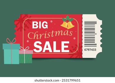 Voucher de venta de Navidades con campanas festivas y regalos de vacaciones. Anuncio de Cupón de la promoción del regalo de la Feliz Navidad con los regalos y la decoración festiva. 