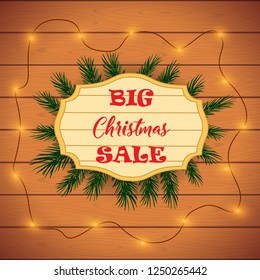 Christmas sale wallpaper on wooden background with lights