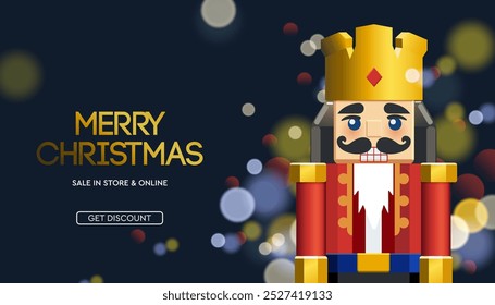 Christmas Sale web banner. Colorful Xmas background with Nutcracker and blurred lights. Happy New Year winter festive composition. Vector illustration
