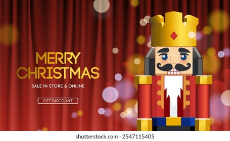 Christmas Sale web banner. Colorful Xmas background with Nutcracker and blurred lights. Happy New Year winter festive composition. Vector illustration