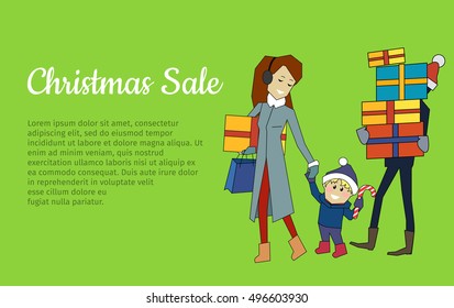 Christmas sale web banner. Family going with presents. Man, woman and child with gift boxes isolated on green. Christmas and new year holiday concept. Big seasonal sale. Discount special offer. Vector