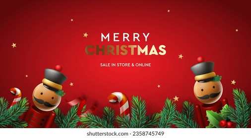 Christmas sale web banner with fir branches border and nutcracker, candy stick decoration elements on red background. Realistic design. Bright Christmas and New Year background, vector illustration