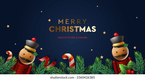 Christmas sale web banner with fir branches border and nutcracker, candy stick decoration elements on red background. Bright Christmas and New Year background, vector illustration