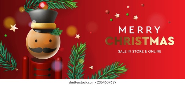 Christmas sale web banner with fir branches border and nutcracker, red background. Bright Christmas and New Year background, vector illustration. 