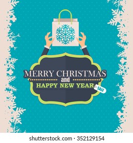 Christmas Sale Web Banner, Flyer, Advertising Design. Hands Hold Shopping Bag