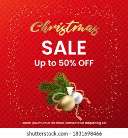 Christmas Sale web banner on a red wicker pigtails background. Square format. Knitted texture. New year's advertising. Up to 50 percent off.
