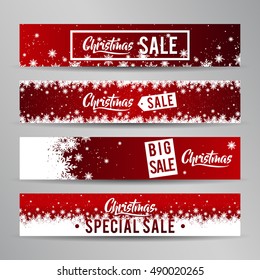 Christmas Sale Web Banner Set With Red And Snowflakes Background And Easy Editing