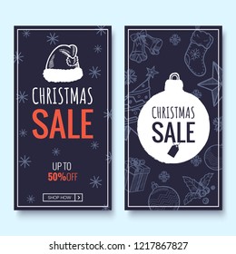 Christmas sale web banner template. Colorful banners with hand draw pattern. Winter promotion vertical coupon. Applicable for discount flyer, roll up, poster. Vector illustration. Christmas sale web banner template. Colorful banners with hand draw pattern. Winter promotion vertical coupon. Applicable for discount flyer, roll up, poster. Vector illustration.